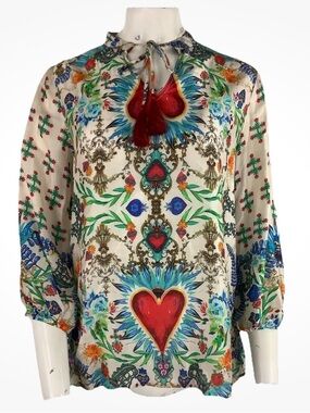 Cienna Sz M 100% Silk Satin Heart Print Graphic Pullover Multicolor Tunic Top
